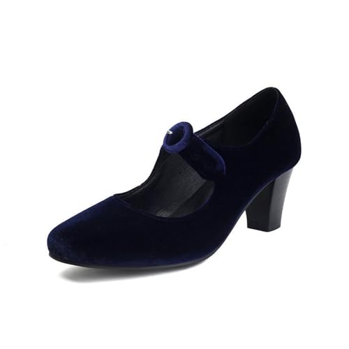 Dirndl Schuhe Mit Absatz Damen Round Toe Pumps Wildleder Trachtenschuhe Vintage Mittelalterliche Brautschuhe Große Größe Tanzschuhe Elegant High Heel Mit Knöchelriemen(Blue,43 EU) von LDXEQIZ