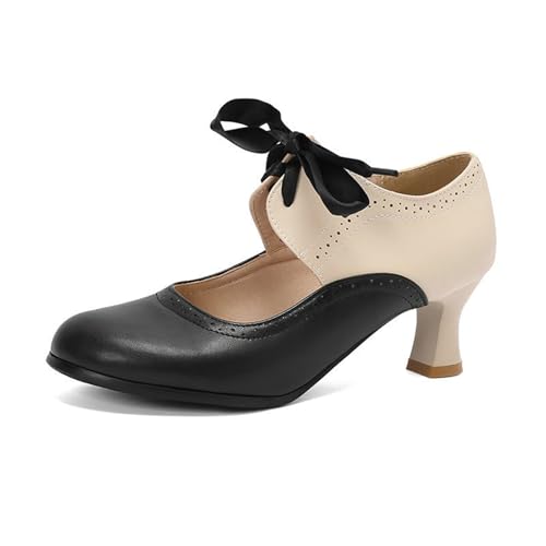 Dirndl Schuhe Mit Absatz Damen Schnürung Pumps Retro Mittelalterlicher Trachtenschuhe Round Toe Brautschuhe Bequem Tanzschuhe PU-Leder High Heel Für Party(Black,41 EU) von LDXEQIZ