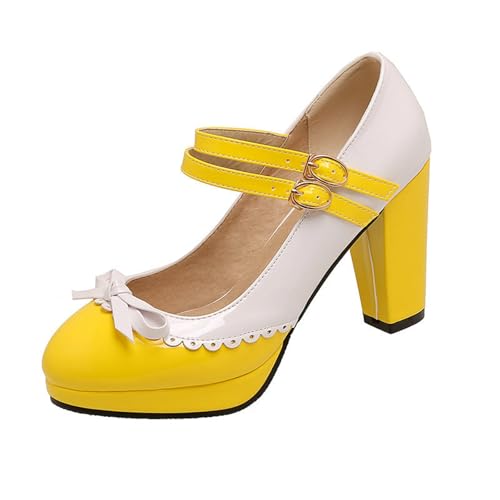 Elegant Dirndl Schuhe mit Schleifen Damen Große Größe Pumps PU-Lackleder Trachtenschuhe Vintage Brautschuhe mit Knöchelriemen Plateau High Heel Für Cosplay/Oktoberfest/Party(Yellow,43 EU) von LDXEQIZ