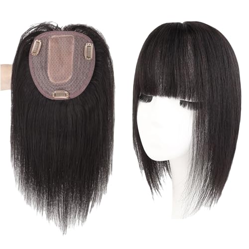 Elegante Haar-Topper Mit Pony for Damen 100% Echthaarteile 5 X 5 Zoll Clip-In-Perücken Mit Seidenbasis, 20/30 Cm Glatte Haarteile for Dünner Werdendes Haar, Haarausfall, Graues Haar(Black,30cm) von LDXEQIZ