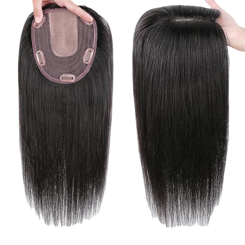 Eleganter Glatter Haar-Topper for Damen 100% Echthaar Haarteile 5 X 6 Zoll Clip-Perücken Mit Seidenbasis 45 Cm Natürliche Schwarze Haarverlängerungen for Dünner Werdendes Haar von LDXEQIZ