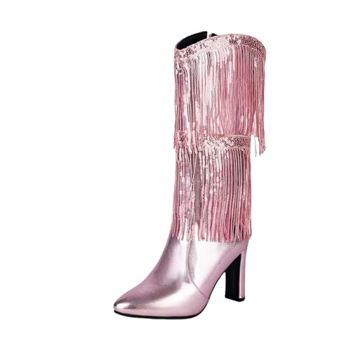 Glänzend Stiefel Mit Paillettenfransen Damen Pointed Toe Stiefeletten Mit Absatz Herbst Winter PU-Leder Boots Mit Seitlichem Reißverschluss Große Größe High Heels Für Party ,36-43EU(Pink,39 EU) von LDXEQIZ