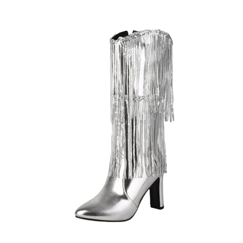 Glänzend Stiefel Mit Paillettenfransen Damen Pointed Toe Stiefeletten Mit Absatz Herbst Winter PU-Leder Boots Mit Seitlichem Reißverschluss Große Größe High Heels Für Party ,36-43EU(Silver,39 EU) von LDXEQIZ