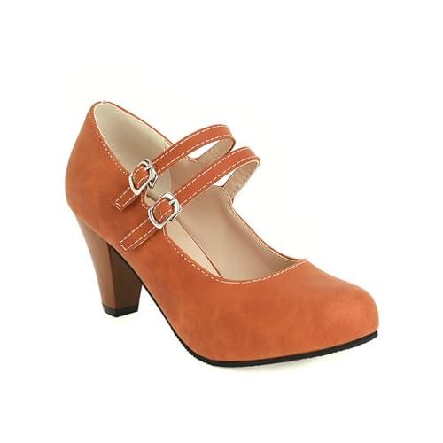 Große Größe Pumps Damen PU-Leder Trachtenschuhe Vintage Dirndl Schuhe Bequem Latein Tanzschuhe Mit Absatz Elegant Brautschuhe Mit Doppelschnalle High Heel Für Oktoberfest Party(Orange,41 EU) von LDXEQIZ