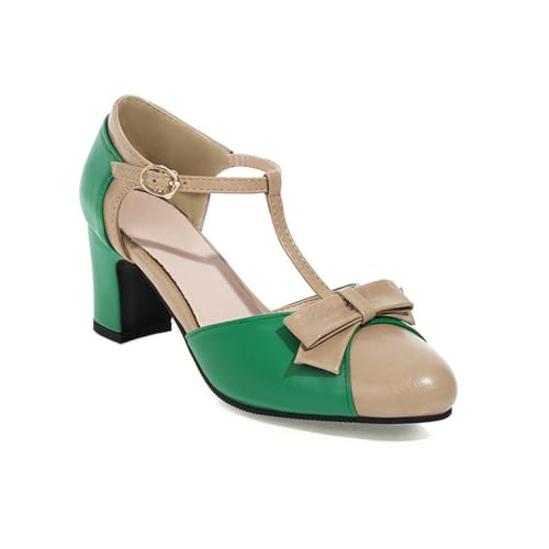 Große Größe Pumps Damen PU-Leder Trachtenschuhe Vintage Dirndl Schuhe mit Blockabsatz Geschlossene Sandalen mit Knöchelriemen Brautschuhe mit Schleifen Tanzschuhe Für Oktoberfest(Green,39 EU) von LDXEQIZ