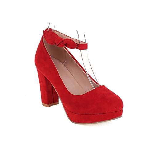Große Größe Pumps Damen Wildleder Trachtenschuhe Oktoberfest Dirndl Schuhe Plateau Tanzschuhe Mit Blockabsatz Festliche Party Absatzschuhe Mit Knöchelriemen(Red,36 EU) von LDXEQIZ
