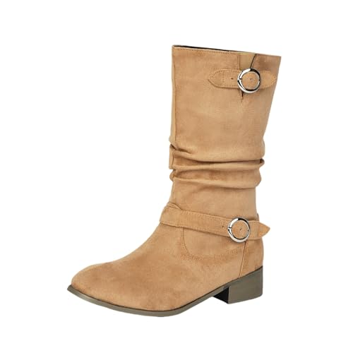 Große Größe Stiefeletten Damen Fashion Kurz Stiefel Mit Doppelschnalle Retro Wildleder Ankle Boots Pull-on Booties Mit Niedrige Absätze Casual Knöchel Schuhe Für Frühling,Herbst(Beige,43 EU) von LDXEQIZ