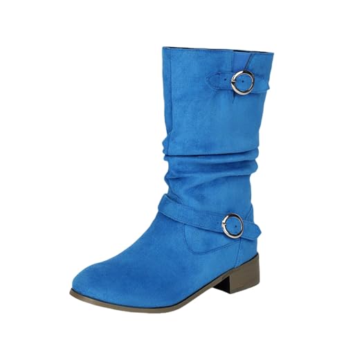Große Größe Stiefeletten Damen Fashion Kurz Stiefel Mit Doppelschnalle Retro Wildleder Ankle Boots Pull-on Booties Mit Niedrige Absätze Casual Knöchel Schuhe Für Frühling,Herbst(Blue,40 EU) von LDXEQIZ