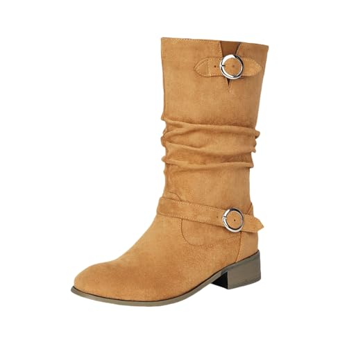 Große Größe Stiefeletten Damen Fashion Kurz Stiefel Mit Doppelschnalle Retro Wildleder Ankle Boots Pull-on Booties Mit Niedrige Absätze Casual Knöchel Schuhe Für Frühling,Herbst(Brown,38 EU) von LDXEQIZ
