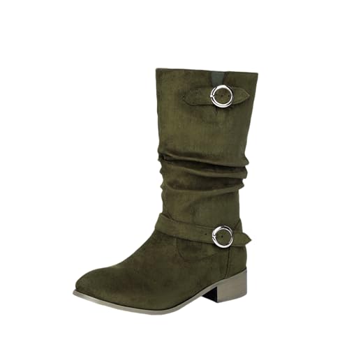 Große Größe Stiefeletten Damen Fashion Kurz Stiefel Mit Doppelschnalle Retro Wildleder Ankle Boots Pull-on Booties Mit Niedrige Absätze Casual Knöchel Schuhe Für Frühling,Herbst(Green,38 EU) von LDXEQIZ