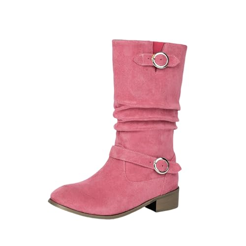 Große Größe Stiefeletten Damen Fashion Kurz Stiefel Mit Doppelschnalle Retro Wildleder Ankle Boots Pull-on Booties Mit Niedrige Absätze Casual Knöchel Schuhe Für Frühling,Herbst(Pink,39 EU) von LDXEQIZ