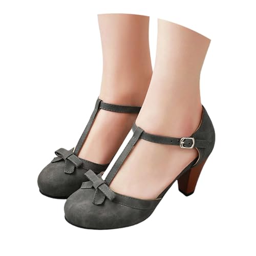 Große Größe Trachtenschuhe Damen PU-Leder Pumps Vintage Dirndl Schuhe mit Blockabsatz Geschlossene Sandalen mit Knöchelriemen Brautschuhe mit Schleifen Tanzschuhe Für Festliche/Party(Gray,38 EU) von LDXEQIZ