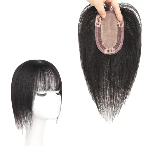 Haar-Topper Mit Pony for Frauen Toupet Aus 100% Echthaar 360° 3D-Haarteile Clip-In-Top-Wiglets for Dünner Werdendes Haar, Elegante Glatte Haarverlängerungen(Black,30cm) von LDXEQIZ