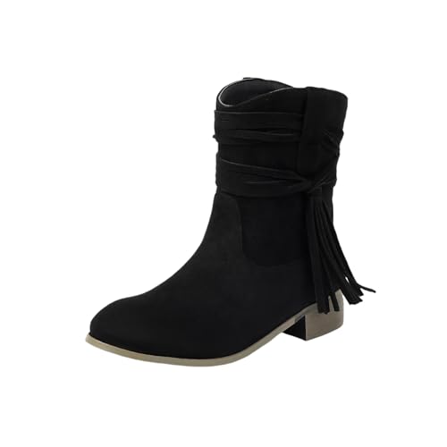 Herbst Stiefeletten Mit Fransen Damen Elegant Chelsea Kurz Stiefel Retro Wildleder Ankle Boots Pull-on Booties Mit Niedrige Absätze Frauen Große Größe Knöchel Schuhe(Black,42 EU) von LDXEQIZ