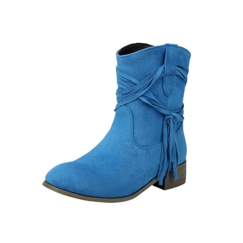 Herbst Stiefeletten Mit Fransen Damen Elegant Chelsea Kurz Stiefel Retro Wildleder Ankle Boots Pull-on Booties Mit Niedrige Absätze Frauen Große Größe Knöchel Schuhe(Blue,37 EU) von LDXEQIZ