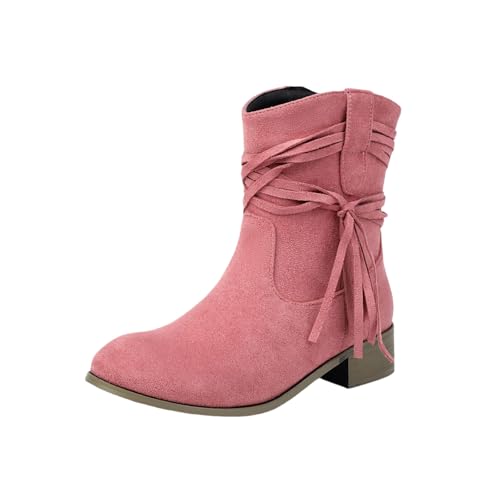 Herbst Stiefeletten Mit Fransen Damen Elegant Chelsea Kurz Stiefel Retro Wildleder Ankle Boots Pull-on Booties Mit Niedrige Absätze Frauen Große Größe Knöchel Schuhe(Pink,36 EU) von LDXEQIZ