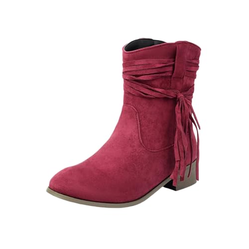 Herbst Stiefeletten Mit Fransen Damen Elegant Chelsea Kurz Stiefel Retro Wildleder Ankle Boots Pull-on Booties Mit Niedrige Absätze Frauen Große Größe Knöchel Schuhe(Purple,40 EU) von LDXEQIZ