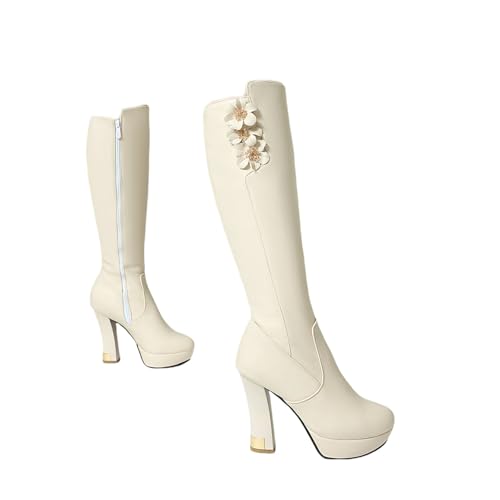 LDXEQIZ Elegant Kniehohe Stiefel Mit Blumen Plateau Langschaft Boots Mit Blockabsatz Warm Winterschuhe Mit Seitlichem Reißverschluss Fashion PU-Leder High Heels Für Party,Hochzeit(Beige,43 EU) von LDXEQIZ