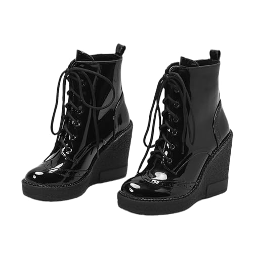 LDXEQIZ Keilabsatz Stiefeletten Damen Plateau Schnürstiefel Fashion PU-Lackleder Ankle Boots Britischerstil Biker Booties 11cm High Heels Warm Knöchel Schuhe Für Herbst,Winter(38 EU) von LDXEQIZ