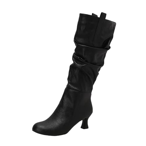 LDXEQIZ Trachtenstiefel Damen Langschaft Boots Mit Absatz Retro Mittelalterlicher Schlupfstiefel Warm Schneestiefel Für Herbst Winter Frauen PU-Leder High Heels Für Party(Black,41 EU) von LDXEQIZ