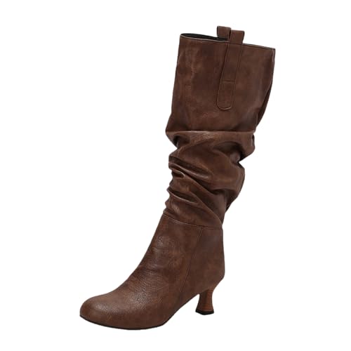 LDXEQIZ Trachtenstiefel Damen Langschaft Boots Mit Absatz Retro Mittelalterlicher Schlupfstiefel Warm Schneestiefel Für Herbst Winter Frauen PU-Leder High Heels Für Party(Brown,43 EU) von LDXEQIZ