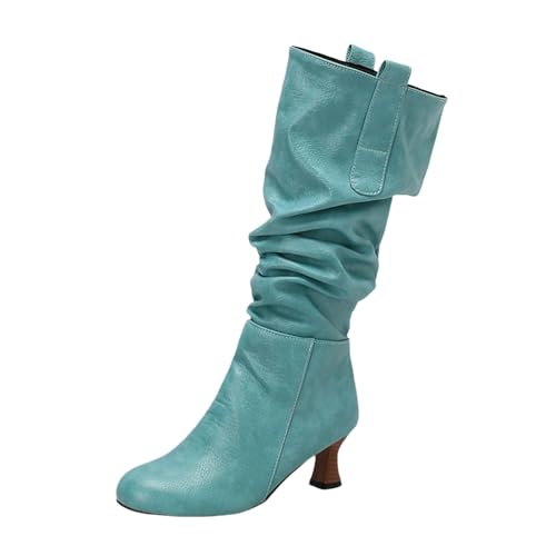 LDXEQIZ Trachtenstiefel Damen Langschaft Boots Mit Absatz Retro Mittelalterlicher Schlupfstiefel Warm Schneestiefel Für Herbst Winter Frauen PU-Leder High Heels Für Party(Green,43 EU) von LDXEQIZ