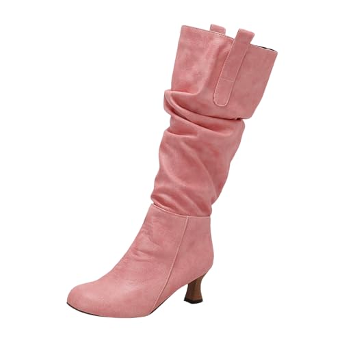LDXEQIZ Trachtenstiefel Damen Langschaft Boots Mit Absatz Retro Mittelalterlicher Schlupfstiefel Warm Schneestiefel Für Herbst Winter Frauen PU-Leder High Heels Für Party(Pink,40 EU) von LDXEQIZ