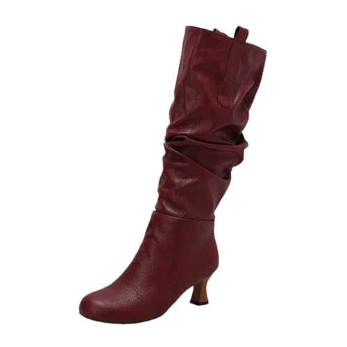 LDXEQIZ Trachtenstiefel Damen Langschaft Boots Mit Absatz Retro Mittelalterlicher Schlupfstiefel Warm Schneestiefel Für Herbst Winter Frauen PU-Leder High Heels Für Party(Red,40 EU) von LDXEQIZ
