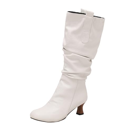 LDXEQIZ Trachtenstiefel Damen Langschaft Boots Mit Absatz Retro Mittelalterlicher Schlupfstiefel Warm Schneestiefel Für Herbst Winter Frauen PU-Leder High Heels Für Party(White,41 EU) von LDXEQIZ