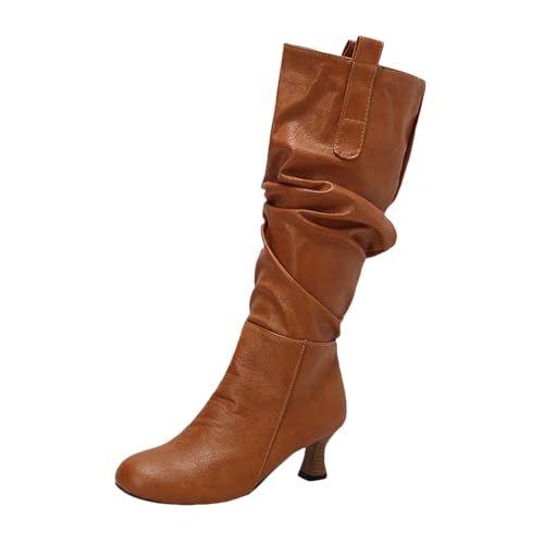LDXEQIZ Trachtenstiefel Damen Langschaft Boots Mit Absatz Retro Mittelalterlicher Schlupfstiefel Warm Schneestiefel Für Herbst Winter Frauen PU-Leder High Heels Für Party(Yellow,40 EU) von LDXEQIZ