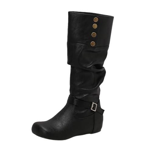 LDXEQIZ Trachtenstiefel Damen Langschaft Boots Mit Metallschnalle Retro Mittelalterlicher Schlupfstiefel Round Toe Reitstiefel PU-Leder Wasserdicht Schneestiefel Für Winter(Black,40 EU) von LDXEQIZ