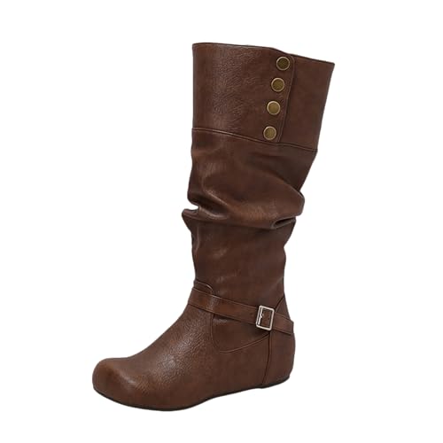 LDXEQIZ Trachtenstiefel Damen Langschaft Boots Mit Metallschnalle Retro Mittelalterlicher Schlupfstiefel Round Toe Reitstiefel PU-Leder Wasserdicht Schneestiefel Für Winter(Brown,43 EU) von LDXEQIZ