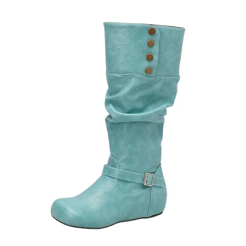 LDXEQIZ Trachtenstiefel Damen Langschaft Boots Mit Metallschnalle Retro Mittelalterlicher Schlupfstiefel Round Toe Reitstiefel PU-Leder Wasserdicht Schneestiefel Für Winter(Green,43 EU) von LDXEQIZ