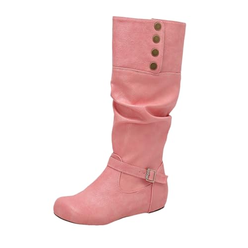 LDXEQIZ Trachtenstiefel Damen Langschaft Boots Mit Metallschnalle Retro Mittelalterlicher Schlupfstiefel Round Toe Reitstiefel PU-Leder Wasserdicht Schneestiefel Für Winter(Pink,39 EU) von LDXEQIZ