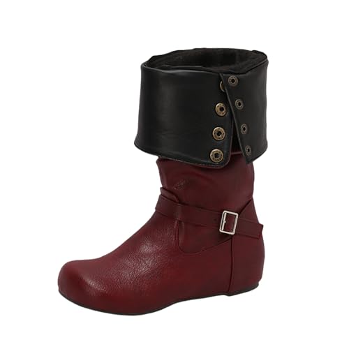 LDXEQIZ Trachtenstiefel Damen Langschaft Boots Mit Metallschnalle Retro Mittelalterlicher Schlupfstiefel Round Toe Reitstiefel PU-Leder Wasserdicht Schneestiefel Für Winter(Red,42 EU) von LDXEQIZ