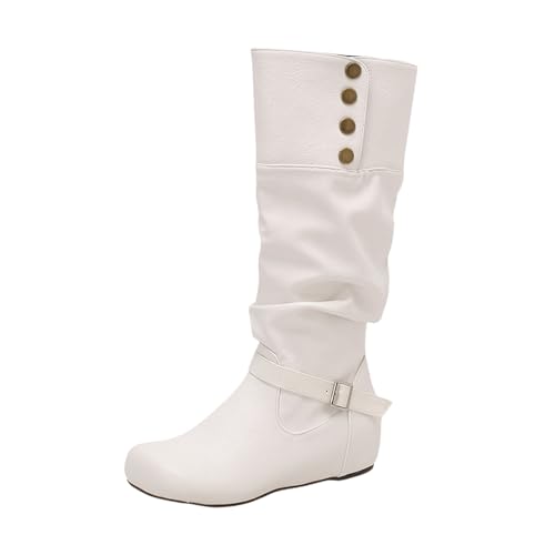 LDXEQIZ Trachtenstiefel Damen Langschaft Boots Mit Metallschnalle Retro Mittelalterlicher Schlupfstiefel Round Toe Reitstiefel PU-Leder Wasserdicht Schneestiefel Für Winter(White,42 EU) von LDXEQIZ