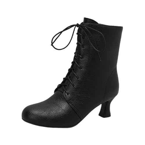 LDXEQIZ Trachtenstiefel Mit Absatz Damen Große Größe Stiefeletten Retro Mittelalterlicher Booties PU-Leder Ankle Boots Riemchen High Heels Herbst Winter Knöchel Schuhe(Black,43 EU) von LDXEQIZ