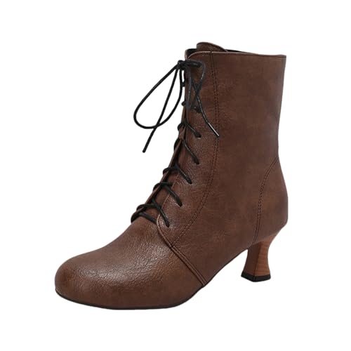 LDXEQIZ Trachtenstiefel Mit Absatz Damen Große Größe Stiefeletten Retro Mittelalterlicher Booties PU-Leder Ankle Boots Riemchen High Heels Herbst Winter Knöchel Schuhe(Brown,40 EU) von LDXEQIZ