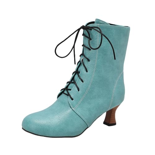 LDXEQIZ Trachtenstiefel Mit Absatz Damen Große Größe Stiefeletten Retro Mittelalterlicher Booties PU-Leder Ankle Boots Riemchen High Heels Herbst Winter Knöchel Schuhe(Green,41 EU) von LDXEQIZ