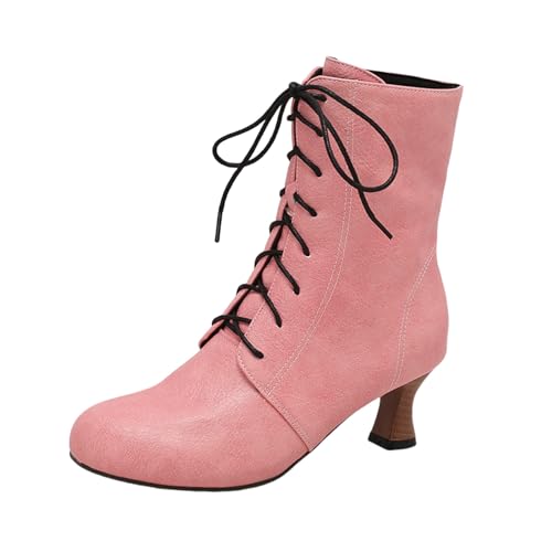 LDXEQIZ Trachtenstiefel Mit Absatz Damen Große Größe Stiefeletten Retro Mittelalterlicher Booties PU-Leder Ankle Boots Riemchen High Heels Herbst Winter Knöchel Schuhe(Pink,38 EU) von LDXEQIZ