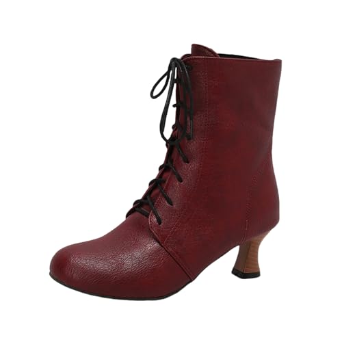 LDXEQIZ Trachtenstiefel Mit Absatz Damen Große Größe Stiefeletten Retro Mittelalterlicher Booties PU-Leder Ankle Boots Riemchen High Heels Herbst Winter Knöchel Schuhe(Red,40 EU) von LDXEQIZ