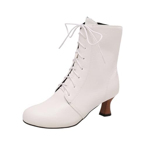 LDXEQIZ Trachtenstiefel Mit Absatz Damen Große Größe Stiefeletten Retro Mittelalterlicher Booties PU-Leder Ankle Boots Riemchen High Heels Herbst Winter Knöchel Schuhe(White,43 EU) von LDXEQIZ