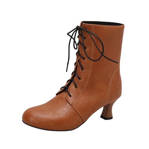 LDXEQIZ Trachtenstiefel Mit Absatz Damen Große Größe Stiefeletten Retro Mittelalterlicher Booties PU-Leder Ankle Boots Riemchen High Heels Herbst Winter Knöchel Schuhe(Yellow,42 EU) von LDXEQIZ