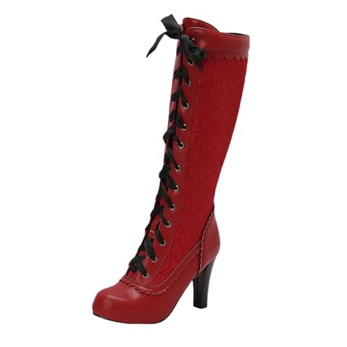 LDXEQIZ Trachtenstiefel Mit Absatz Damen Langschaft Boots Mit Reißverschluss Retro Mittelalterlicher Schnürstiefel PU-Leder Round Toe High Heels Für Party Große Größe Winterschuhe(Red,36 EU) von LDXEQIZ