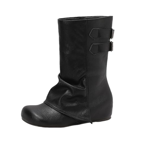 LDXEQIZ Trachtenstiefel Mit Keilabsatz Damen Große Größe Stiefeletten Retro Mittelalterlicher Schlupfstiefel PU-Leder Biker Booties Mit Schnalle Round Toe Knöchel Schuhe Für Party(Black,38 EU) von LDXEQIZ