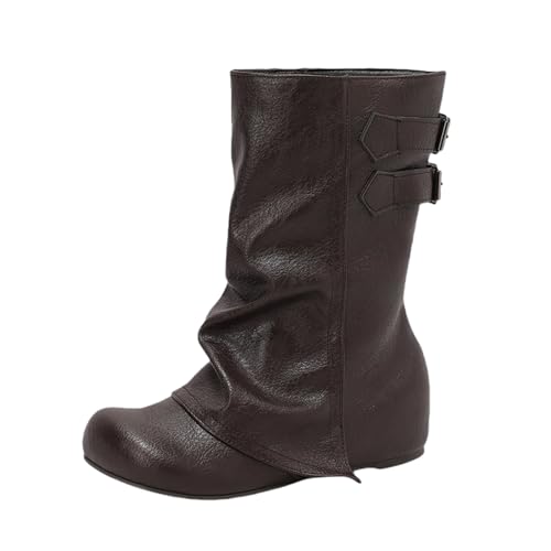 LDXEQIZ Trachtenstiefel Mit Keilabsatz Damen Große Größe Stiefeletten Retro Mittelalterlicher Schlupfstiefel PU-Leder Biker Booties Mit Schnalle Round Toe Knöchel Schuhe Für Party(Brown,37 EU) von LDXEQIZ