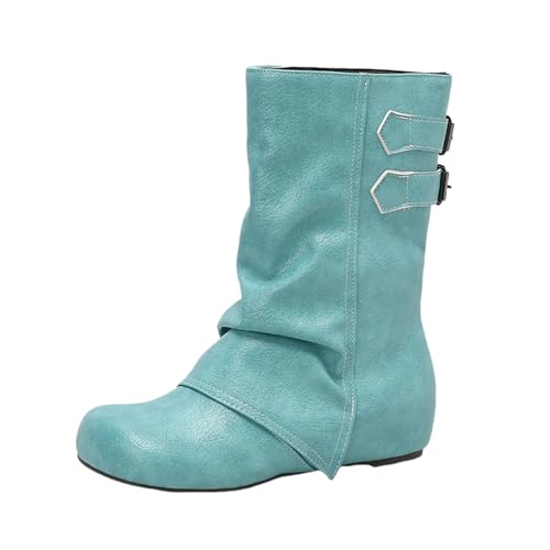 LDXEQIZ Trachtenstiefel Mit Keilabsatz Damen Große Größe Stiefeletten Retro Mittelalterlicher Schlupfstiefel PU-Leder Biker Booties Mit Schnalle Round Toe Knöchel Schuhe Für Party(Green,41 EU) von LDXEQIZ