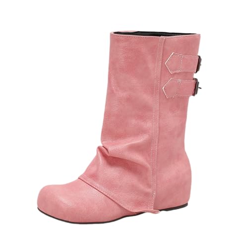 LDXEQIZ Trachtenstiefel Mit Keilabsatz Damen Große Größe Stiefeletten Retro Mittelalterlicher Schlupfstiefel PU-Leder Biker Booties Mit Schnalle Round Toe Knöchel Schuhe Für Party(Pink,39 EU) von LDXEQIZ
