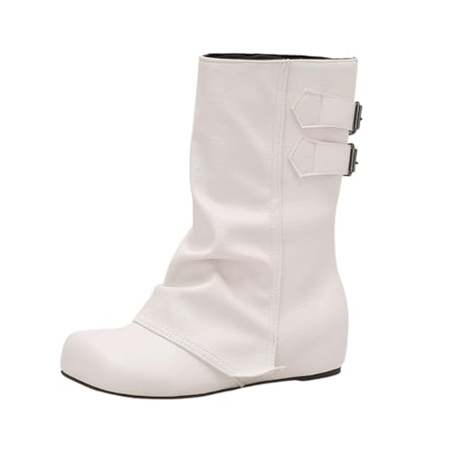 LDXEQIZ Trachtenstiefel Mit Keilabsatz Damen Große Größe Stiefeletten Retro Mittelalterlicher Schlupfstiefel PU-Leder Biker Booties Mit Schnalle Round Toe Knöchel Schuhe Für Party(White,41 EU) von LDXEQIZ