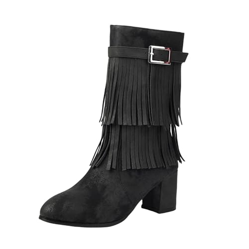 LDXEQIZ Vintage Stiefeletten Mit Fransen PU-Leder Ankle Boots Mit Schnalle Herbst Winter Kurz Stiefel Mit Seitlichem Reißverschluss Große Größe Knöchel Schuhe Mit Absatz,36-43EU(Black,37 EU) von LDXEQIZ
